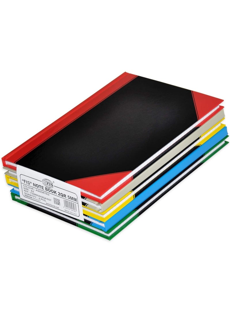 FIS Hard Cover Notebook, 2-Quires A5 5mm Square, Black with colored Corners, Assorted - FSNB5A52QASST (5-Pieces) - Image 1
